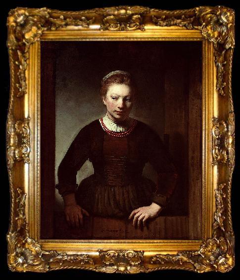 framed  Samuel van hoogstraten Woman at a dutch door, ta009-2